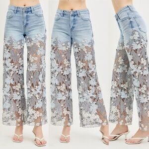 Risen denim lace crochet embellished high rise flare pants boho wide leg jeans